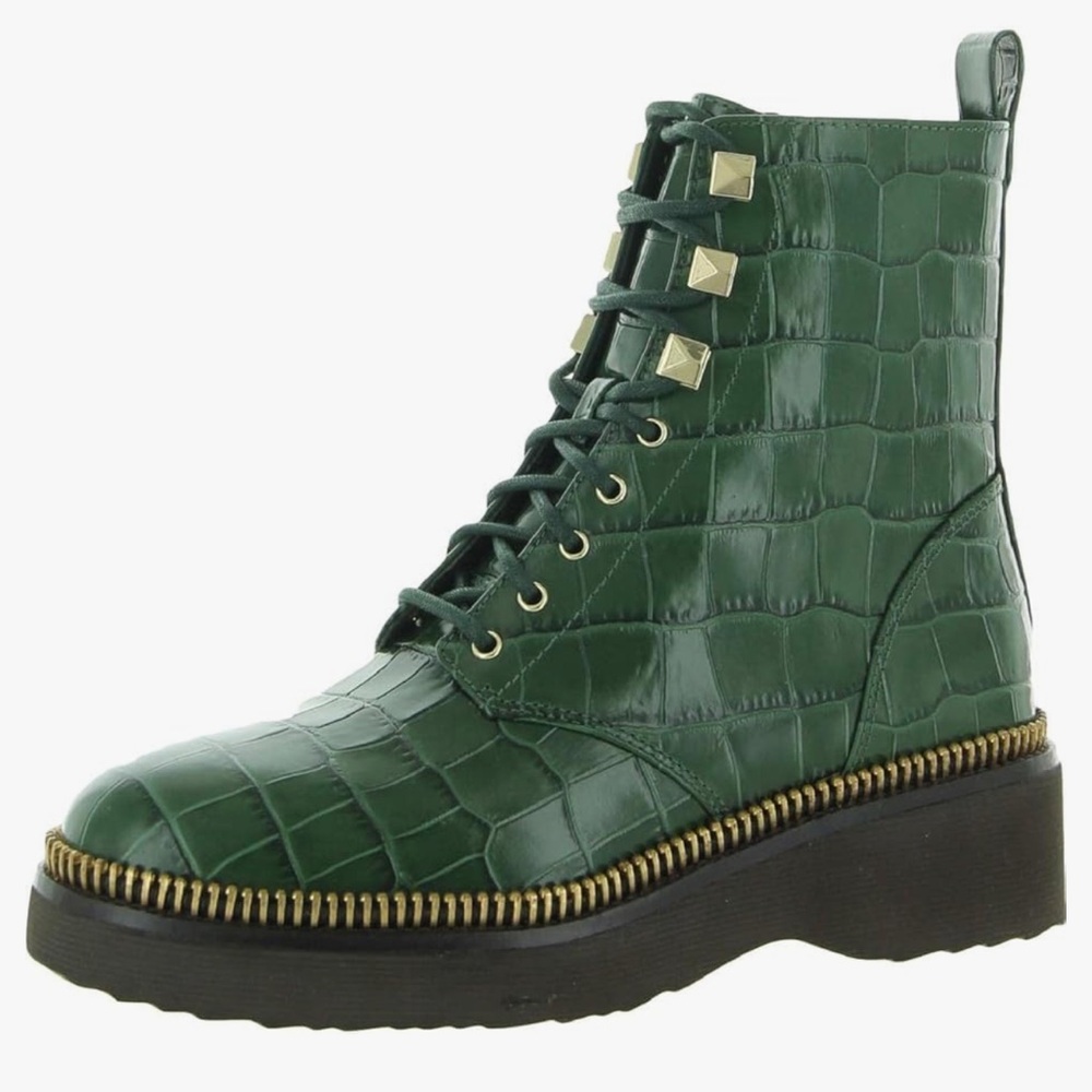 Michael Kors Embossed Croc Patent Leather Haskell Bootie Moss Green Combat Boot